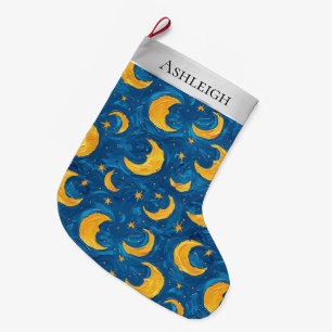 Calcetín Navideño Grande Navidades plateados Estrellas amarillas azules cie