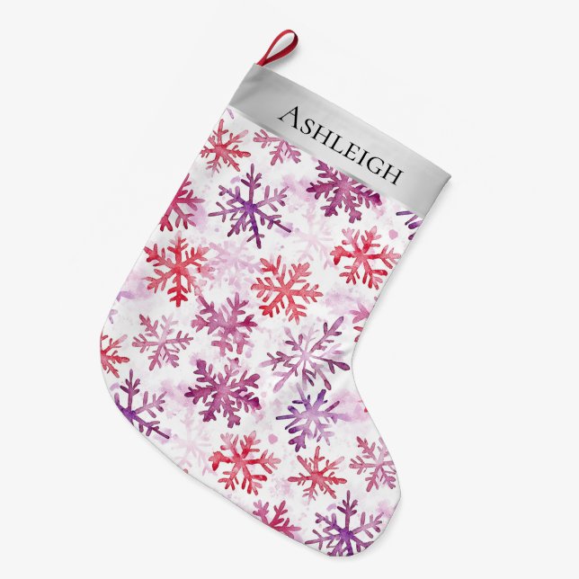 Calcetín Navideño Grande Navidades Plateados Morado Rojo Snowflakes (Frente (Colgado))