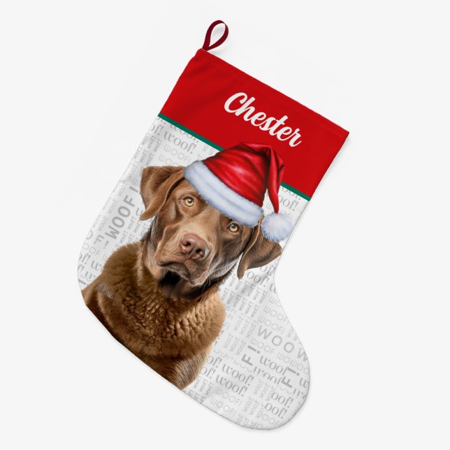 Calcetín Navideño Grande Navidades recuperan perro con nombre Woof Backgrou (Frente (Colgado))