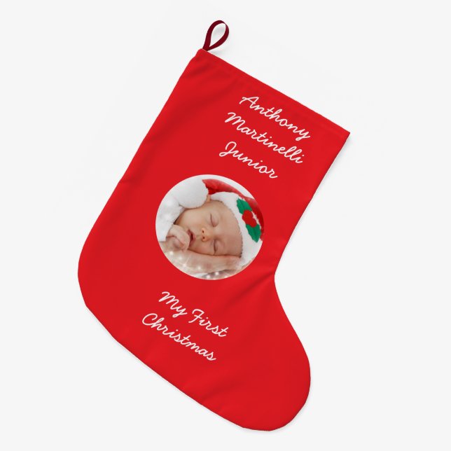 Calcetín Navideño Grande Navidades rojos personalizados reaccionando con fo (Frente (Colgado))
