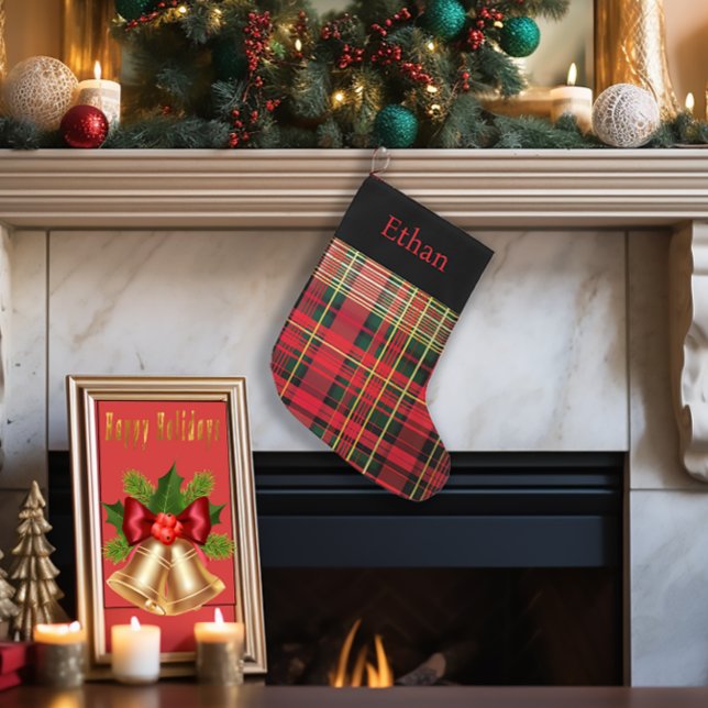 Calcetín Navideño Grande Navidades rojos y verdes del personalizado Tartán (Personalized Family Christmas Stocking, Tartan Holiday Mantel Decoration, Red Green Gold Stocking)