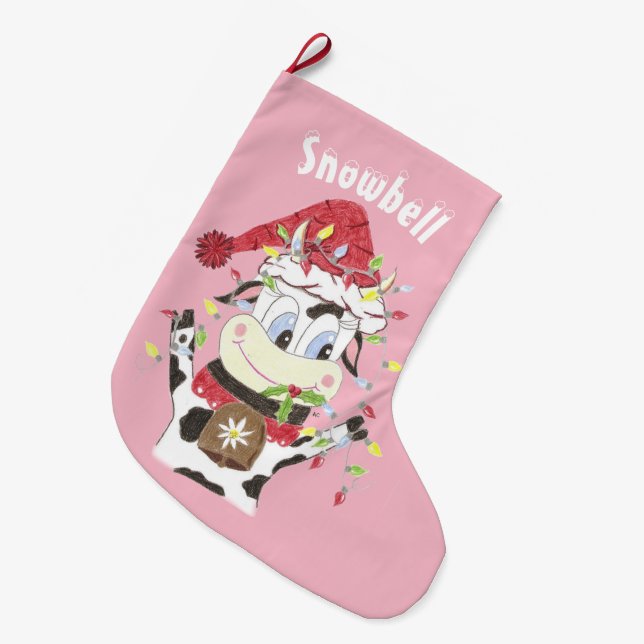 Calcetín Navideño Grande Navidades rosados de vaca personalizados (Frente (Colgado))