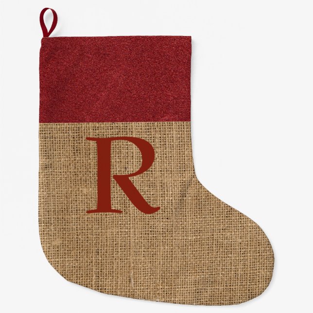 Calcetín Navideño Grande Navidades rusos de MONOGRAM levantan burlap rojo (Anverso)