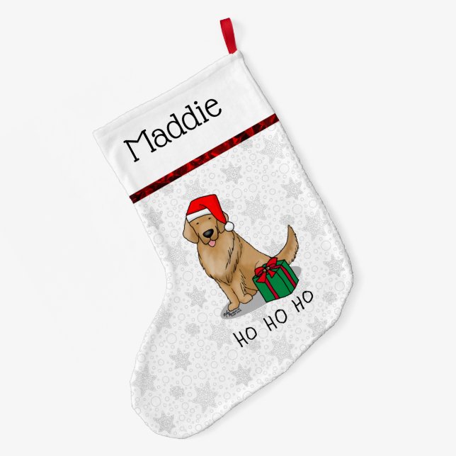 Calcetín Navideño Grande Navidades Santa Claus Golden Retriever Dog Cute (Anverso (colgado))