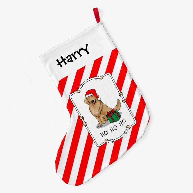 Calcetín Navideño Grande Navidades Santa Claus Golden Retriever Dog Cute (Anverso (colgado))