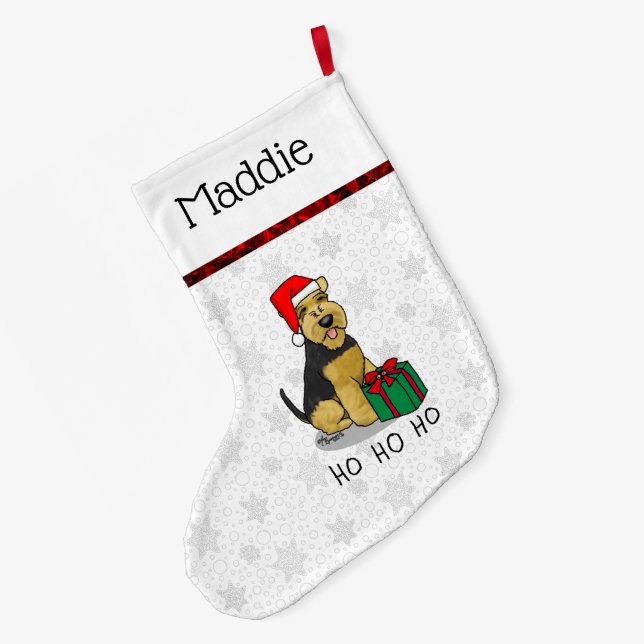 Calcetín Navideño Grande Navidades Santa Claus Gorra Welsh Terrier Dog Cute (Anverso (colgado))