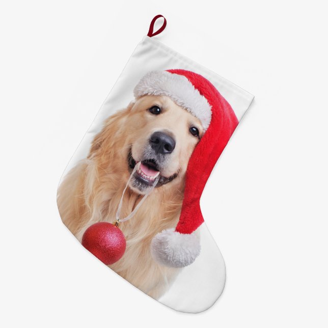 Calcetín Navideño Grande Navidades Santa del Golden Retriever (Frente (Colgado))