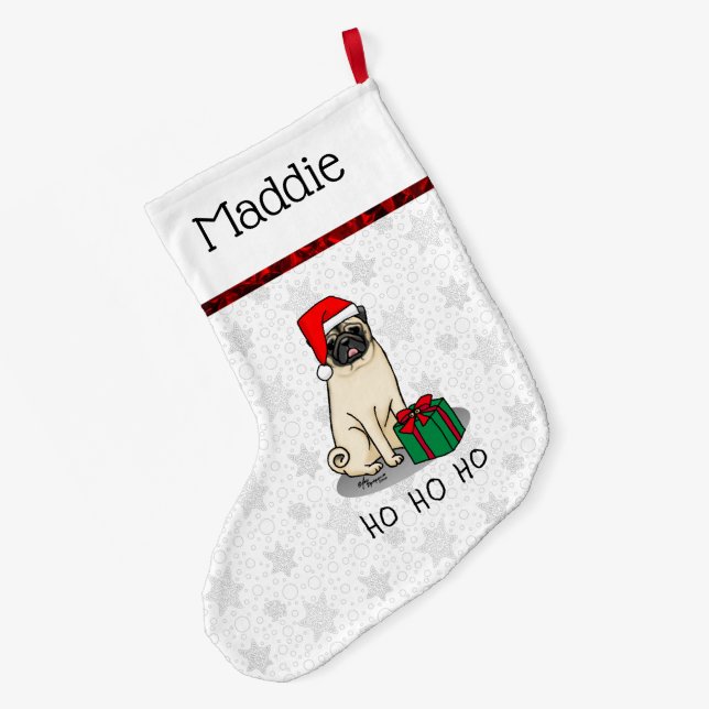 Calcetín Navideño Grande Navidades Santa Hat Pug Dog (flor claro) Cute (Anverso (colgado))