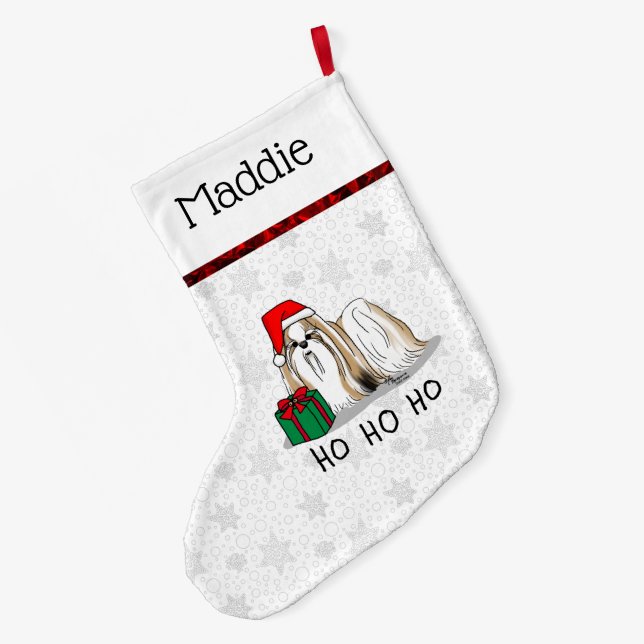 Calcetín Navideño Grande Navidades Santa Hat Shih Tzu (blanco moreno) Perro (Anverso (colgado))