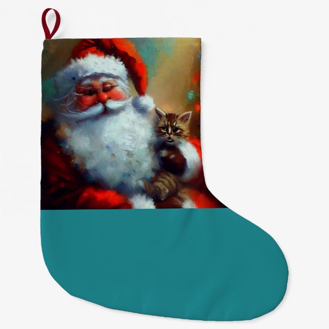 Calcetín Navideño Grande Navidades Santa y un gato 4 (Anverso)