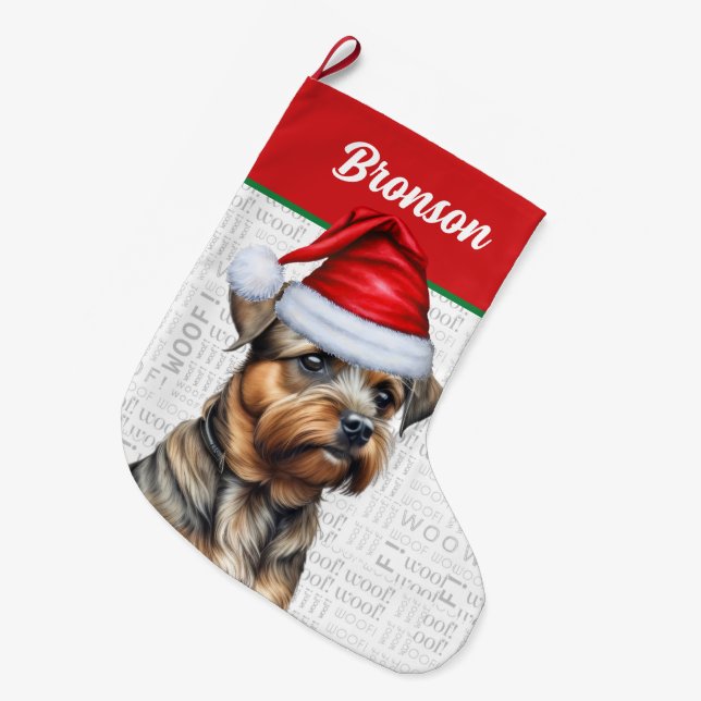 Calcetín Navideño Grande Navidades Territorio fronterizo con nombre Woof Ba (Frente (Colgado))