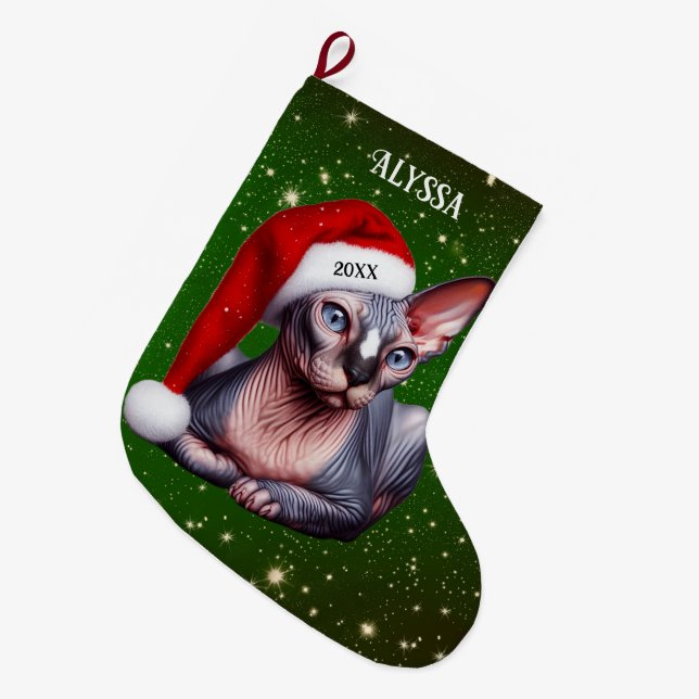 Calcetín Navideño Grande Navidades verdes de Sphynx Cat Bonito (Frente (Colgado))