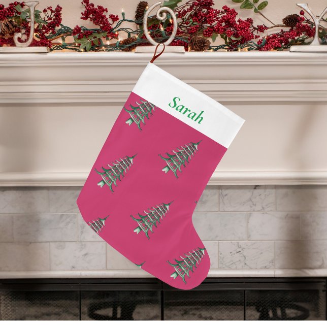 Calcetín Navideño Grande Navidades verdes rojos Patrón de árbol de la pagod (Sage red Christmas Pagoda Tree pattern Large Christmas Stocking)