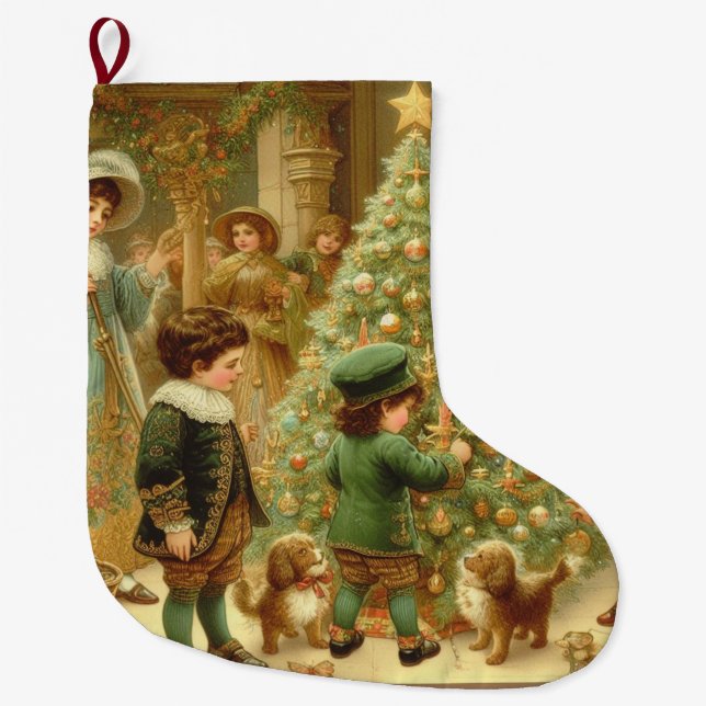 Calcetín Navideño Grande Navidades victorianos llegan a decorar el árbol (Anverso)
