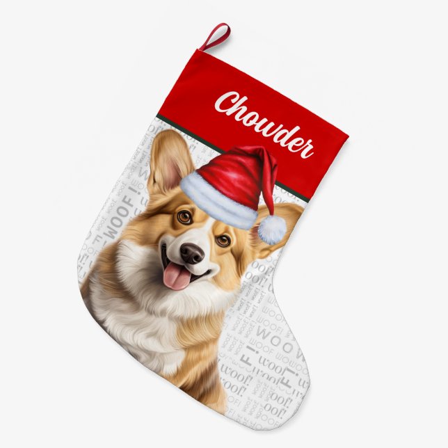 Calcetín Navideño Grande Navidades Welsh Corgi Nombre Woof Background (Frente (Colgado))