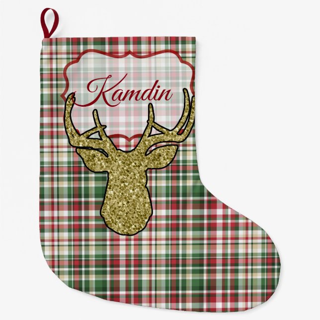 Calcetín Navideño Grande Navidades XMAS Plaid Tartan Gold Deer Stocking (Anverso)