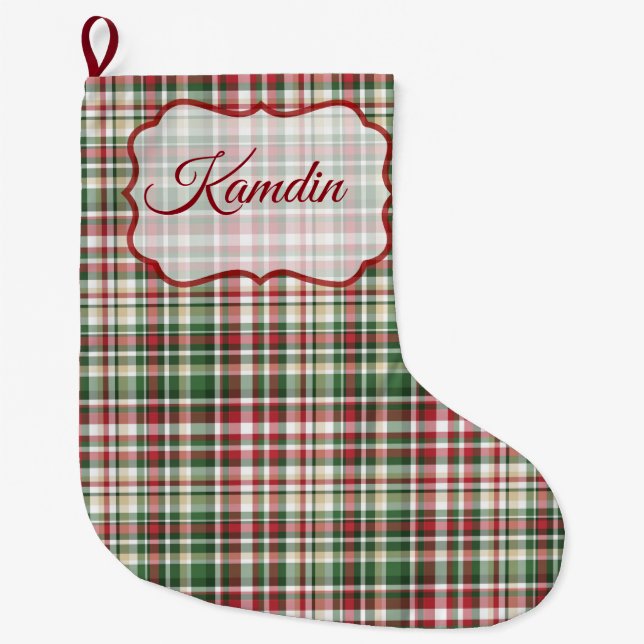 Calcetín Navideño Grande Navidades XMAS Plaid Tartán Red Green Stocking (Anverso)