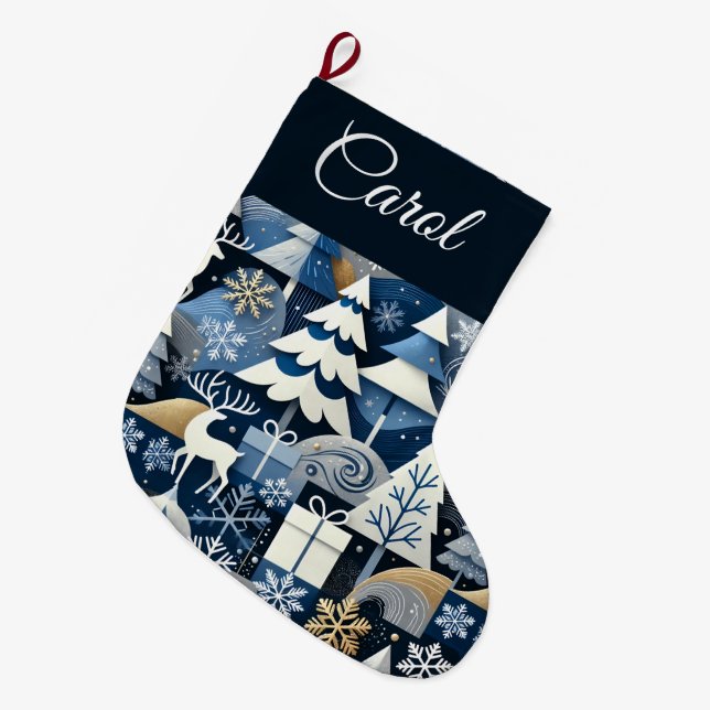 Calcetín Navideño Grande Navy Blue Gold Nordic Christmas Forest Pattern (Frente (Colgado))