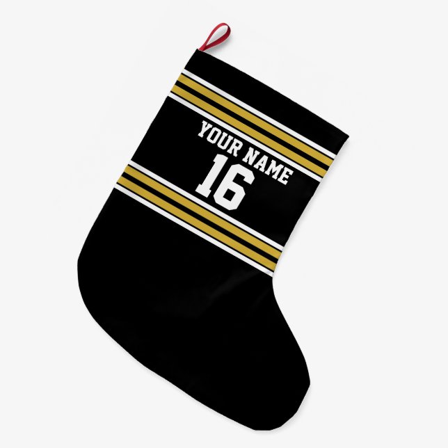 Calcetín Navideño Grande Negro con Gold White Stripes Team Jersey (Frente (Colgado))