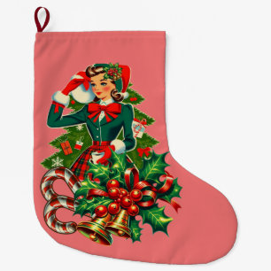 Calcetín Navideño Grande niña linda vestido verde acebo bastones de caramel