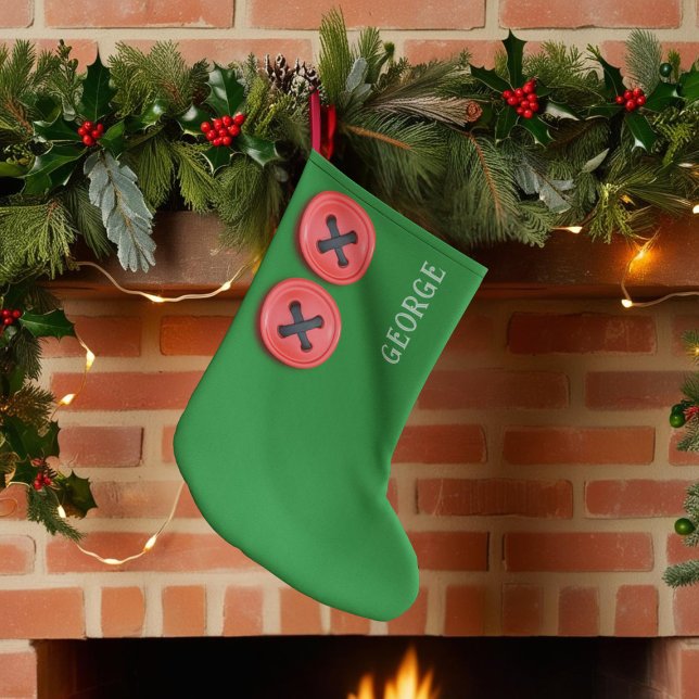 Calcetín Navideño Grande Niños Navidades del taller de Green Santa (A green Christmas Stocking with red buttons inspired by Santa's workshop. )
