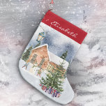 Calcetín Navideño Grande Niños Snowman de árbol de Navidad entregan escena<br><div class="desc">🌟 🎄 Este maravilloso surtido de Navidades cuenta con un romántico ilustracion invernal con un árbol de Navidad en un paisaje nevado con regalos, bayas y ramas. Como telón de fondo, hay una casa acogedora y niños construyendo un muñeco de nieve. Una linterna dibujada a mano ilumina el paisaje invernal...</div>