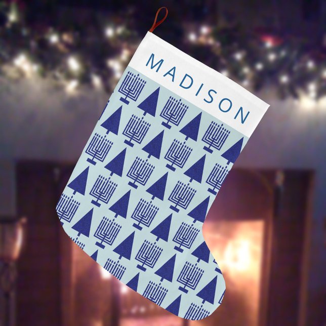 Calcetín Navideño Grande Nombra de niño de la Marina Interfaith Chrismukkah (Add a child's (or adult's!) name to this cute tree and menorah Chrismukkah stocking for the holidays)