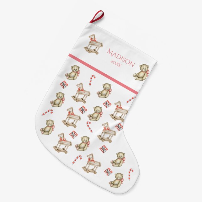 Calcetín Navideño Grande Nombre acuarela de navidades para su año rosado (Frente (Colgado))