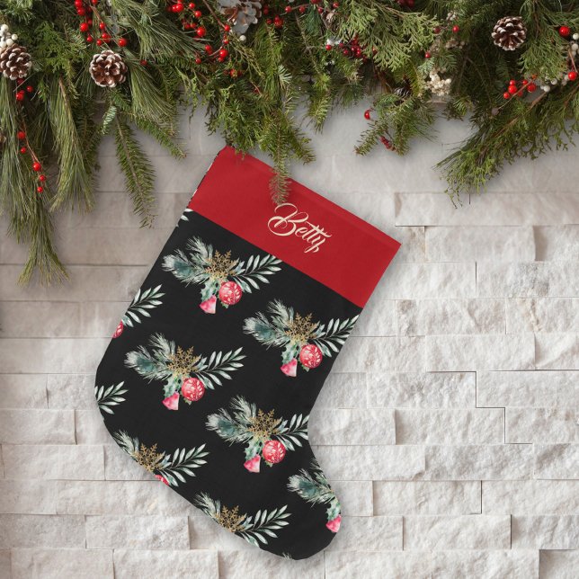 Calcetín Navideño Grande Nombre acuarela Foliage Greenery Red Bell Nórdico (Subido por el creador)