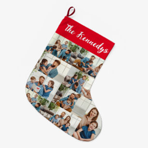 Calcetín Navideño Grande Nombre de Familia Personalizado y Colage de Fotos 