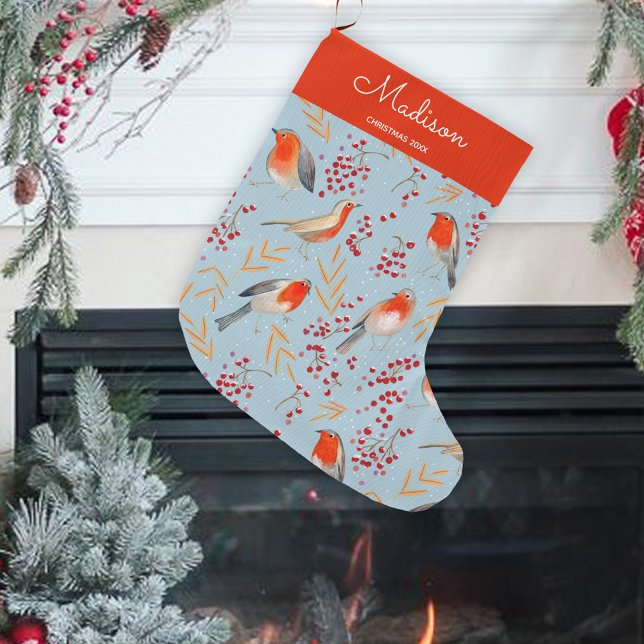 Calcetín Navideño Grande Nombre de festividad de Navidades de patrón de páj (Cute Blue Bird Pattern Christmas Holiday Name Large Christmas Stocking)