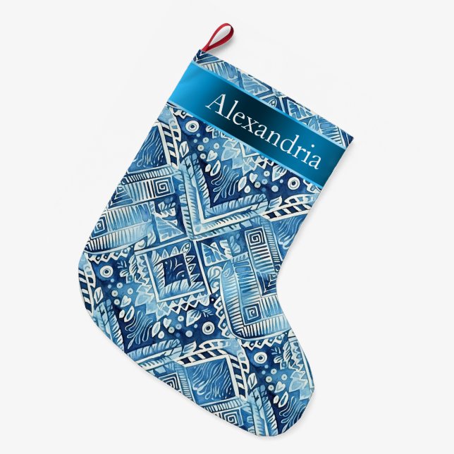 Calcetín Navideño Grande Nombre de los Navidades Aqua Blue Batik (Frente (Colgado))