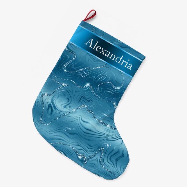 Calcetín Navideño Grande Nombre de los Navidades de Blue Aqua Glam Glitz (Frente (Colgado))