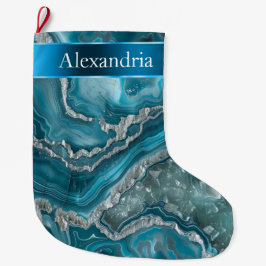 Calcetín Navideño Grande Nombre de los Navidades Glitz de Silver Blue Aqua 