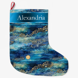 Calcetín Navideño Grande Nombre de los Navidades Mystical Blue Gold