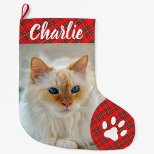 Calcetín Navideño Grande Nombre de monograma de foto de mascota de pata sim