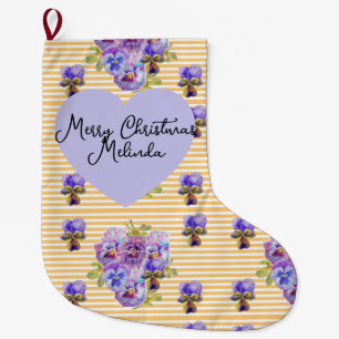 Calcetín Navideño Grande Nombre de Navidad de Flor de Viola Púrpura Amarill