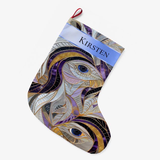 Calcetín Navideño Grande Nombre de Navidades de plumas de pavo real morado  (Frente (Colgado))