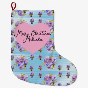 Calcetín Navideño Grande Nombre de niñas de Navidad azul pastel floral desg