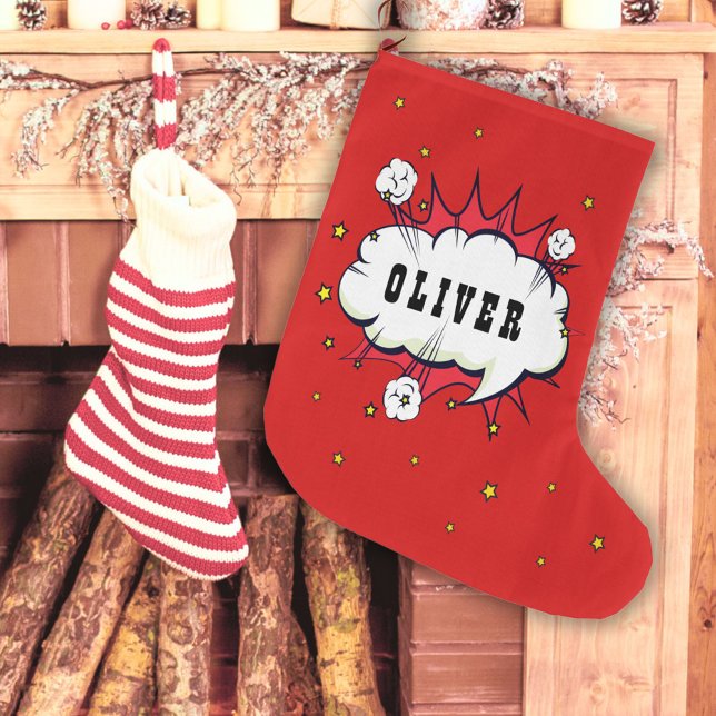 Calcetín Navideño Grande Nombre de niño rojo de la burbuja del discurso cóm (Subido por el creador)