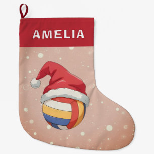Calcetín Navideño Grande Nombre de Pelota de Voleibol Gorro de Santa Rojo