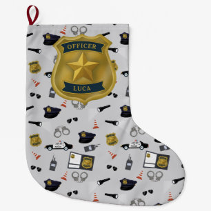 Calcetín Navideño Grande Nombre de policía con tema de policía oficial de p