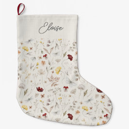 Calcetín Navideño Grande Nombre de Script Boho Wildflower Navidad