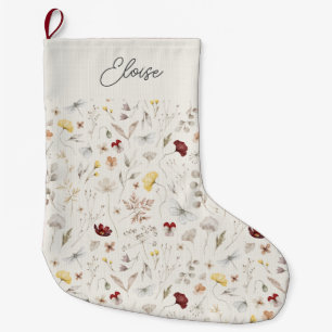 Calcetín Navideño Grande Nombre de Script Boho Wildflower Navidad