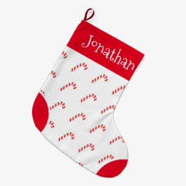Calcetín Navideño Grande Nombre de tipografía blanca y roja de cana de cand