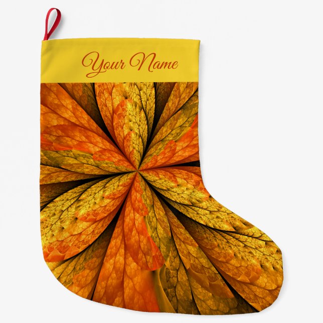 Calcetín Navideño Grande Nombre del arte fractal de estrella floral Golden  (Anverso)