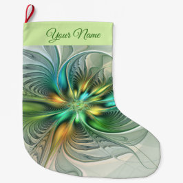 Calcetín Navideño Grande Nombre del arte fractal de flores coloridas de est