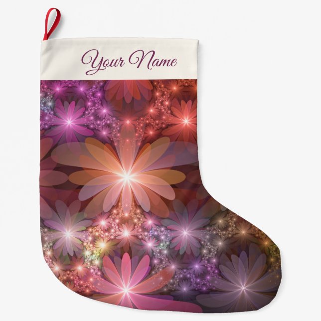 Calcetín Navideño Grande Nombre Del Arte Fractal De La Cama De Flores Abstr (Anverso)