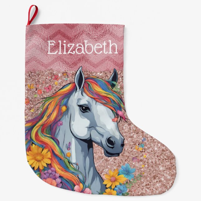 Calcetín Navideño Grande Nombre del Chica del caballo arcoiris rosado rosad (Anverso)