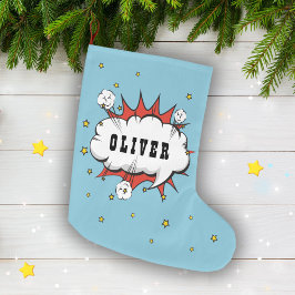 Calcetín Navideño Grande Nombre del niño de la burbuja del discurso cómico 